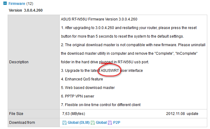 screenshot of the ASUS firmware download page