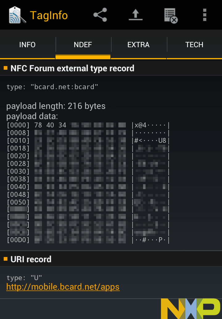 Data in the BCARD as decoded by TagInfo