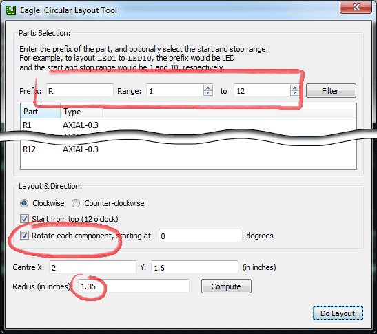 Circular Layout Settings, for resistors