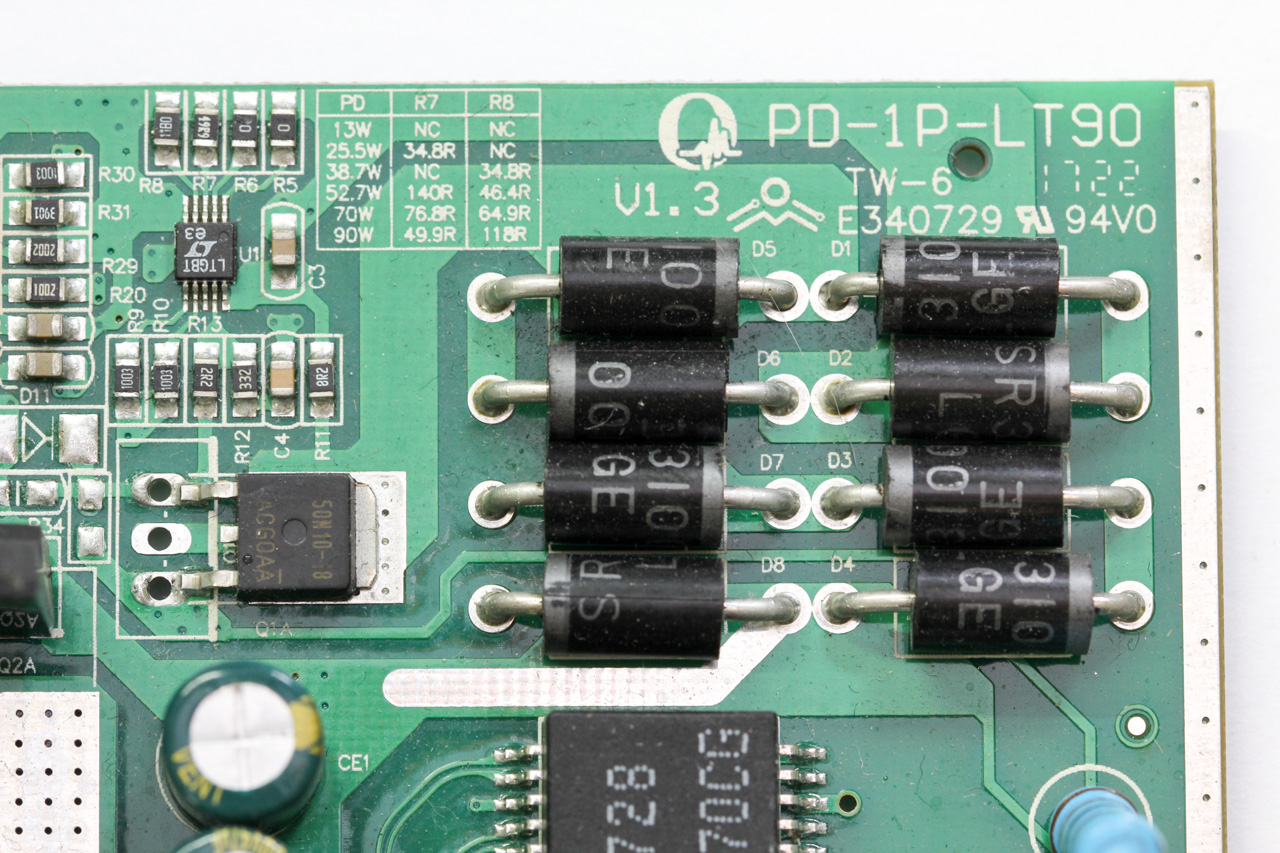 Table of resistor values, silkscreened on the PCB