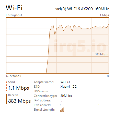 Task Manager screenshot, showing the connection speed graph