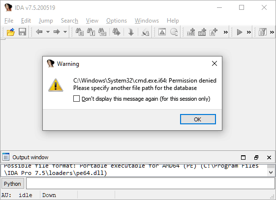 IDA Pro showing a 'permission denied' error