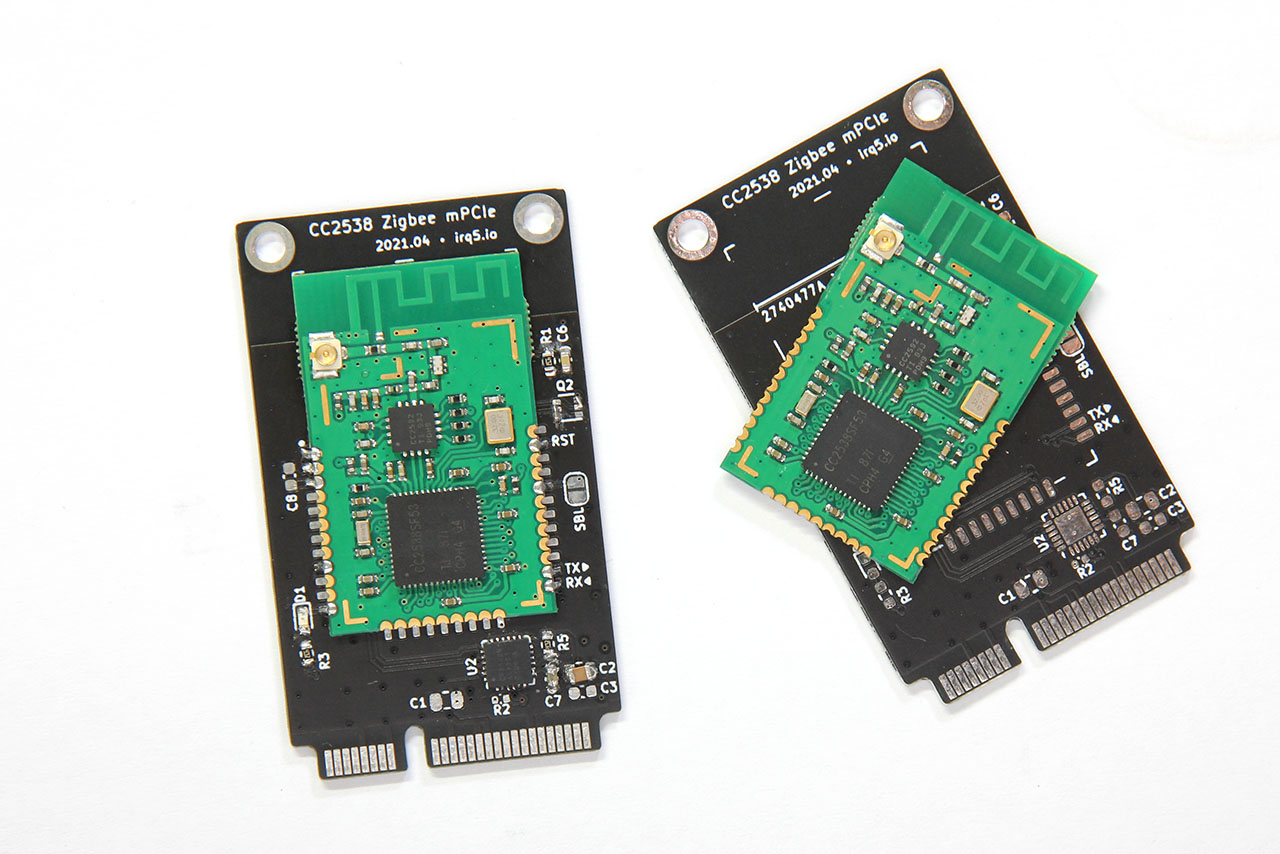 the assembled mPCIe card, with the green Zigbee module soldered in place
